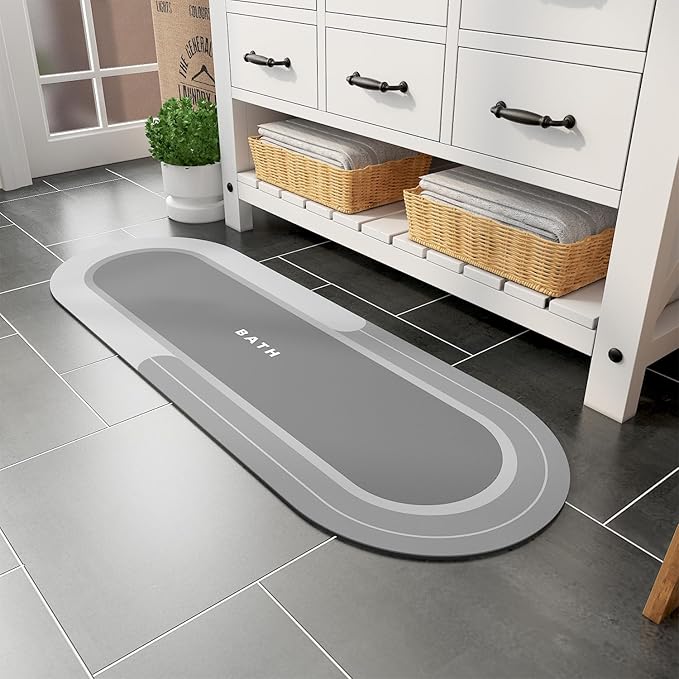 MontVoo Bath Mat Runner - Long Non Slip Absorbent Quick Dry Thin Bath Rug for Bathroom Floor Mat - Rubber Backed - Stain Resistant - Easy Care - Gray 17"x50"