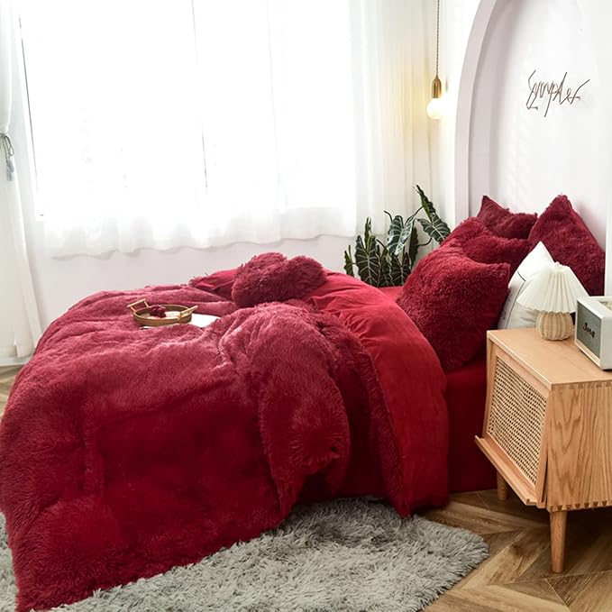 MorroMorn 5 PCS Shaggy Duvet Cover Bedding Set - Fluffy Comforter Cover Long Faux Fur Luxury Ultra Soft Cozy (Dark Red, Full/Queen)