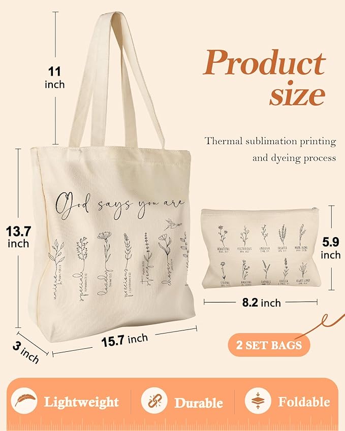 Aesthetic 2 Pack Canvas Tote Bag - with Makeup Zipper Pouch for Women Bag for Shopping, Gym, Travel, Vacation