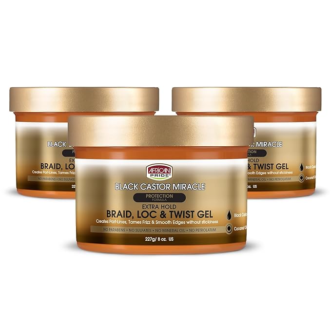 African Pride Black Castor Miracle Extra Hold Braid, Loc, Twist Gel - Extreme Hold Braiding Hair Gel, Edge Control & Tames Frizz, No Flake (Pack of 3) | Natural Ingredients, Coconut Oil | 8oz