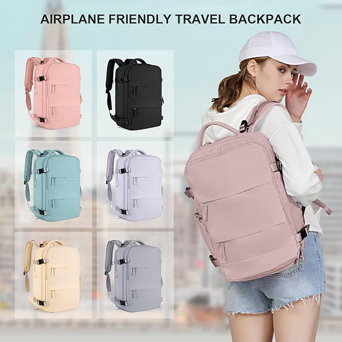 coowoz Large Travel Backpack For Women Men,Carry On Backpack Flight Approved,Hiking Backpack Waterproof Outdoor Rucksack Casual Daypack Fit 15.6 Inch Laptop Shoes Compartment (Pink Purple-L)