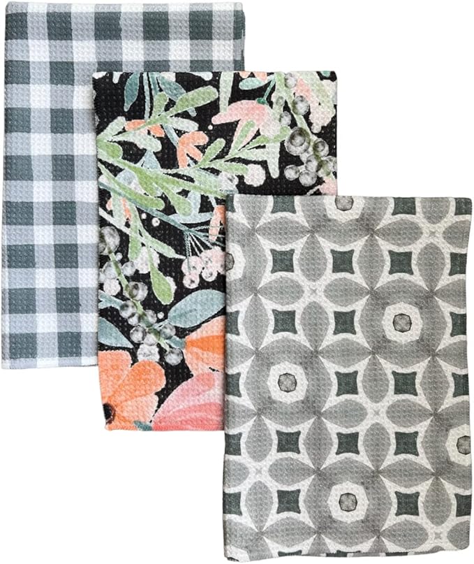 || 3 Pack Double Sided || Not Your Ordinary Kitchen Towel || Dish Towels || Waffle Weave Microfiber || Highly Absorbent || Hanging Loop || Dish Cloths || Designer Prints (Gray)