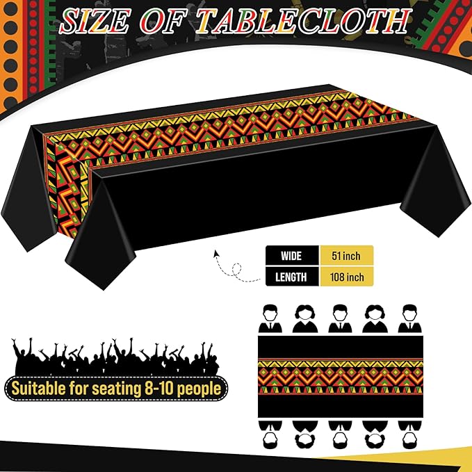 Kinlop 3 Pcs Black History Tablecloth 108 x 51 Inch Juneteenth Kwanzaa Table Covers Plastic Waterproof Disposable Table Clothes for Africa American Independence Freedom Party Supplies(Kente)