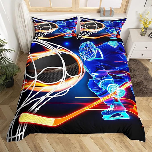 Castle Fairy Ice Hockey Bed Set for Boys Girls,Hockey Player Skating Comforter Cover for All Season,Winter Sports Game Ultra Soft Bedding Set Quilt Cover Queen Size