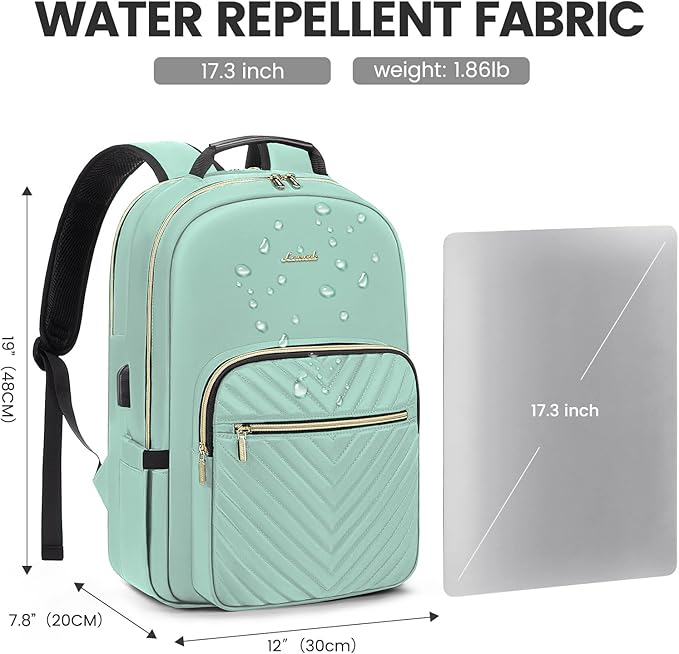 LOVEVOOK Laptop Backpack for Women 17.3 inch,Cute Womens Travel Backpack Purse,Professional Laptop Computer Bag,Waterproof Work Business College Teacher Bags Carry on Backpack with USB Port,Mint Green