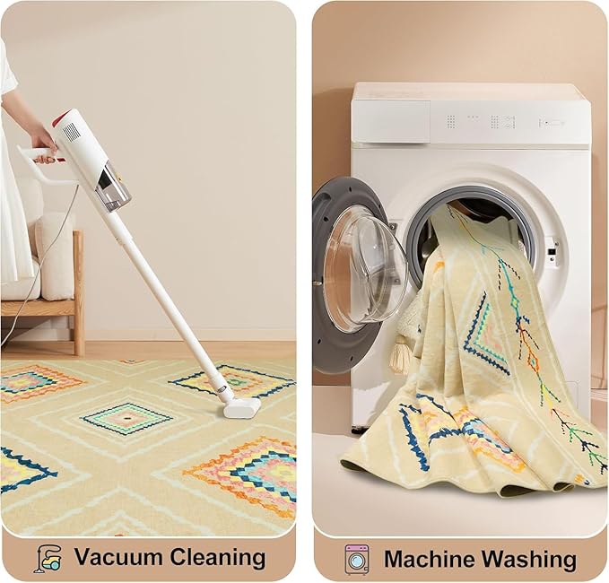 Area Rug 8x10 Rug Machine Washable Non-Slip Low Pile Print Pattern Western Rug for Living Room Bedroom Entryway Tribal Series -Cream/Beige