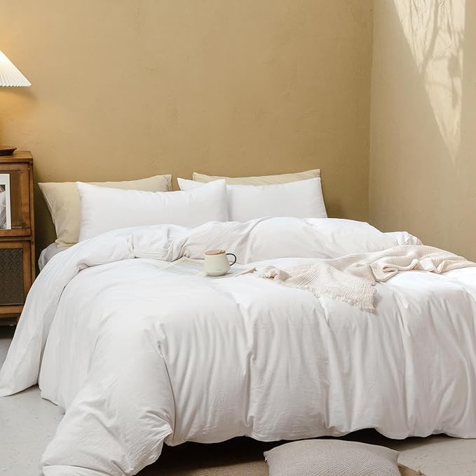 FOSSA White Duvet Cover Set, 100% Washed Cotton Linen Feel Super Soft Breathable Cozy 3 Pieces Bedding Sets Solid Off White King