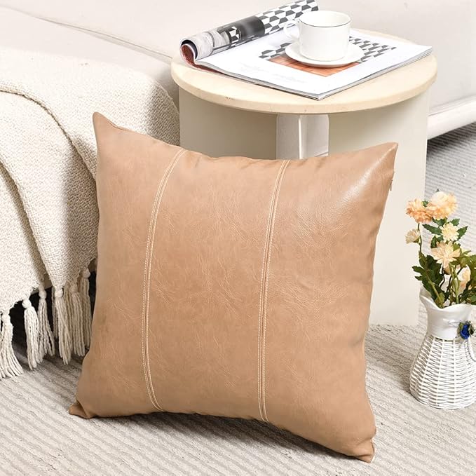 Fancy Homi 2 Packs Tan Decorative Throw Pillow Covers 16x16 Inch for Living Room Couch Bed, Modern Farmhouse Boho Home Decor, Faux Leather Hand Stitched Beige Accent Square Cushion Case 40x40 cm