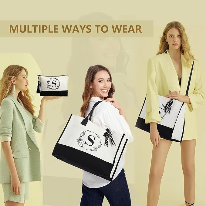 BeeGreen Embroidery Monogram Initial Tote Bag for Women Teacher Mom Friend Personalized Gift for Birthday Beach Work Wedding