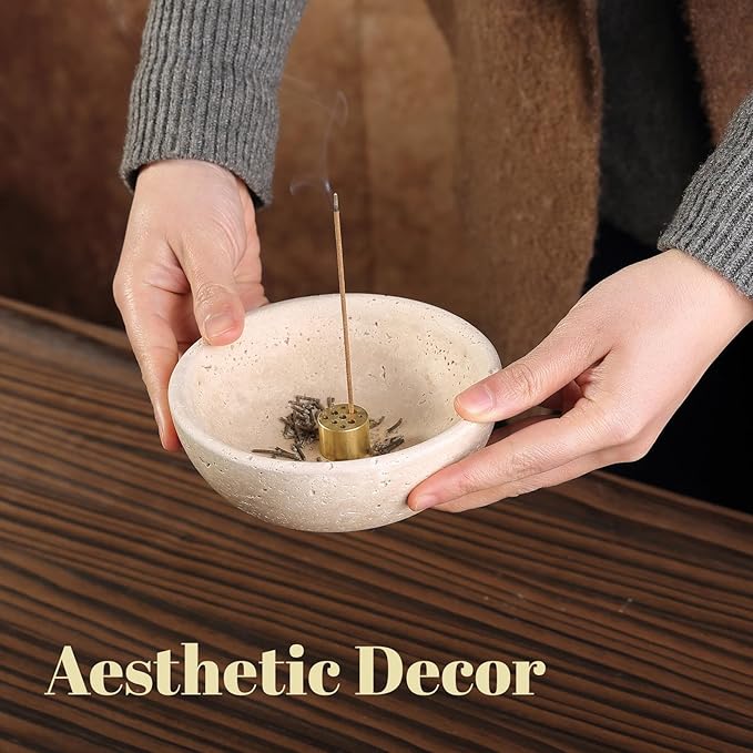 Koville Natural Marble Incense Holder, Incense Holder for Sticks with 9 Holes, Handmade Incense Burner Ash Catcher for Meditation Yoga SPA, Balsam Fir/Palo Santo/Sage/Cone (Beige)