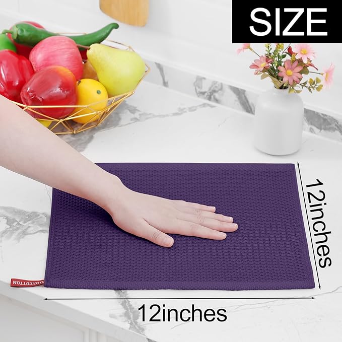 Homaxy 100% Cotton Waffle Weave Kitchen Dish Cloths, Ultra Soft Absorbent Quick Drying Dish Towels, 12 x 12 Inches, 12-Pack, Eggplant