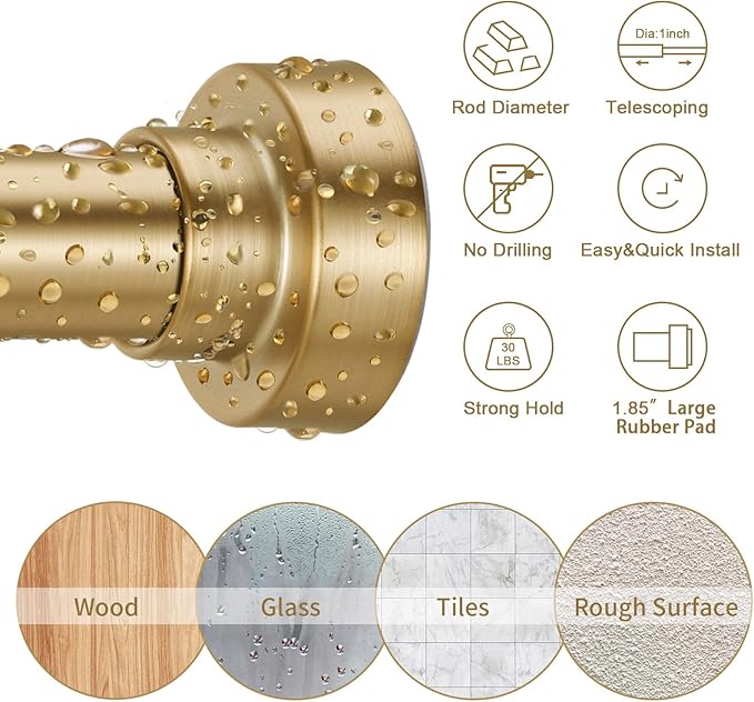 YNL Shower Curtain Rod 34-120 Inches, Adjustable Gold Shower Rod No Drilling, Non-Slip, Never Rust, Stainless Steel, Suitable for Bathroom Living Room, Gold