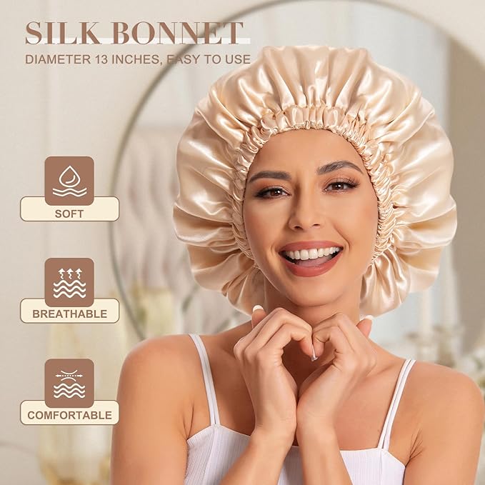 Satin Bonnet Silk Bonnet Hair Bonnet for Sleeping-Slouchy Beanie Hat Satin Sleep Cap for Women's Natural & Curly Hair(Champagne)