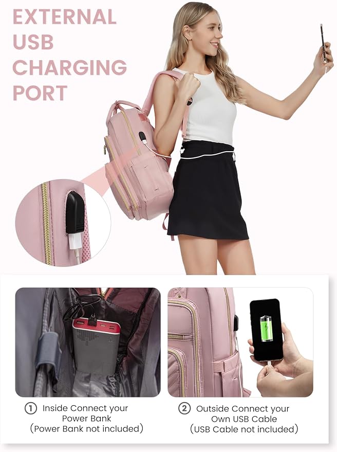 LOVEVOOK Laptop Backpack Women Teacher Backpack,15.6 Inch Laptop Bag with USB Port,Waterproof Daypack for Work Travel Pink