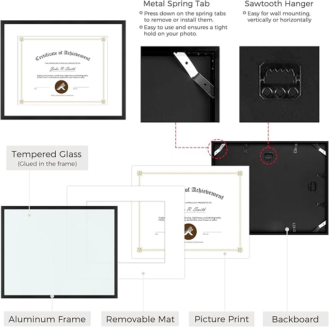 Golden State Art 14x11 Picture Frame 3 Pack - Aluminum Frames with 8.5x11 Removable Mats & Real Glass, Display 11x14 Photos or 8.5x11 Certificates - Black Gallery Wall Frames for Home Office Decor