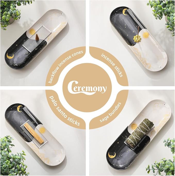 Incense Holder for Sticks, Ceramic Incense Burner with 60 Incense Sticks for Sage Palo Santo, Heat-Resistant Insence-Stick Holder for Backflow Incense Cones Meditation Yoga Spa Room Decor