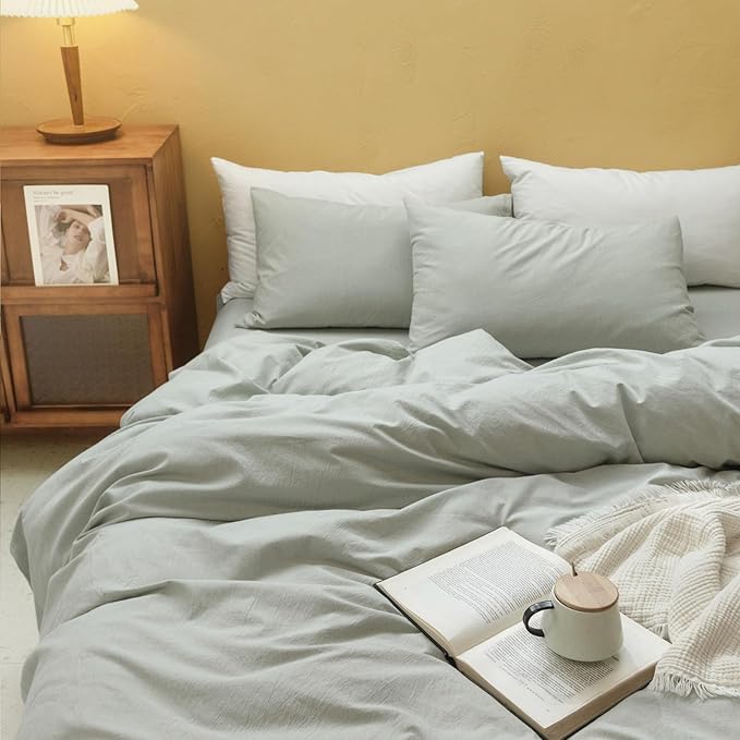 FOSSA Duvet Cover Set 100% Washed Cotton Linen Feel Super Soft Breathable Cozy 3 Pieces Bedding Sets Solid Sage Green Twin