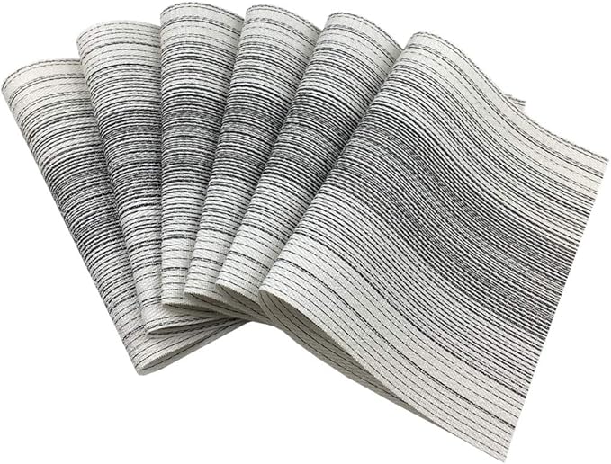 Placemat,Blending Color Durable Woven Vinyl Placemat Washable Heat-Resistant Anti-Skid Kitchen Dining Table Mats (Set of 6, Black with White)