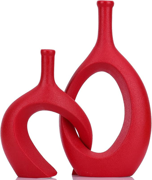 Dark Red Unique Hollow Bud Vases Set of 2,Modern Snuggle and Huging Style Ceramic Vase for Pampas Grass,Living Room Decorations for Fireplace,Coffee Table Centerpiece,Mantle,Bookshelf Decor