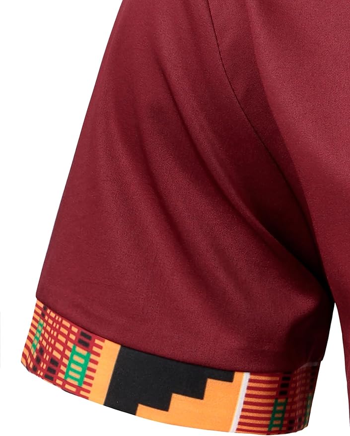 ZEROYAA Men's African Printed Patchwork Design Short Sleeve Button up Shirt