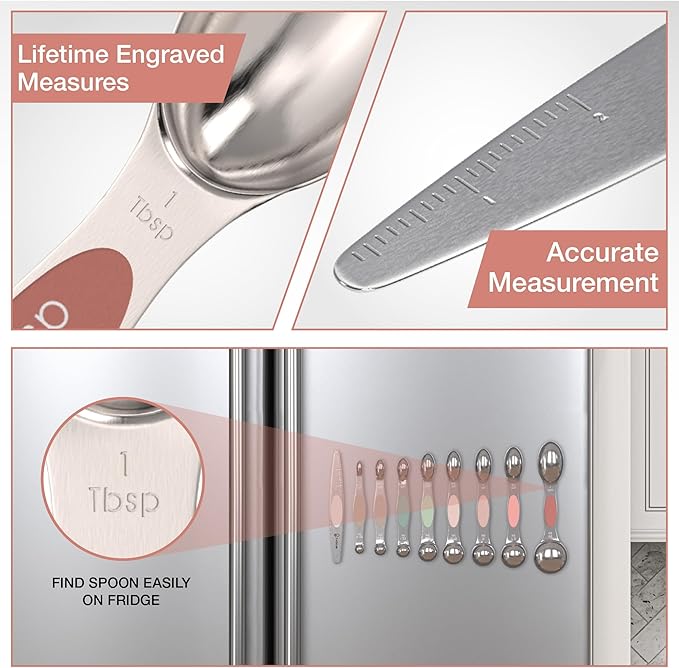 Magnetic Measuring Spoons Set - Stainless Steel, Double Ended, Stackable & Nested Design for Dry and Liquid Ingredients, Ideal for Spice Jars, 9-Piece Set with Leveler (Country Chic)