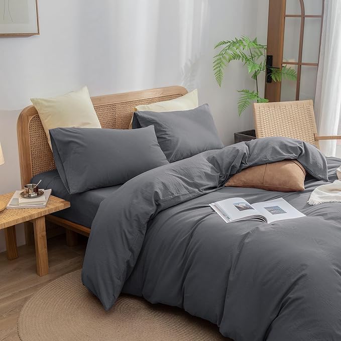 BESTOUCH Duvet Cover Set 100% Washed Cotton Linen Feel Super Soft Comfortable Chic Lightweight 3 PCs Home Bedding Set Solid Quiet Shade Grey King