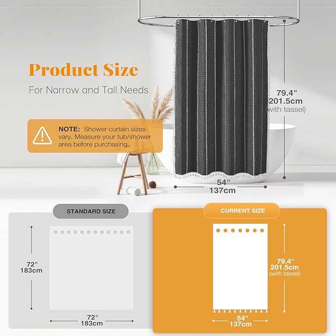 BTTN Stall Fabric Shower Curtain - 54x78 Boho Striped Linen Heavy Duty Tassel Shower Curtain Set with 10 Hook, Narrow Rustic Modern Farmhouse Bohemian Cloth Shower Curtain for Bathroom - Charcoal Grey