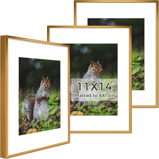Golden State Art 11x14 Picture Frame 3 Pack - Aluminum Frames with 8x10 Removable Mats & Real Glass, Display 11x14 Posters or 8x10 Photos - Bronze Gallery Wall Frames for Home Office Decor