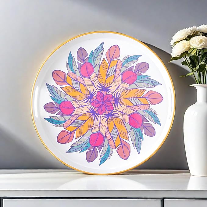 Round Coffee Table Tray Ottoman Tray,Round Plastic Serving Trays with Handles,Modern Decorative Tray for Ottoman Coffee Table,Plastic Ottoman Tray for Living Room, Large, White