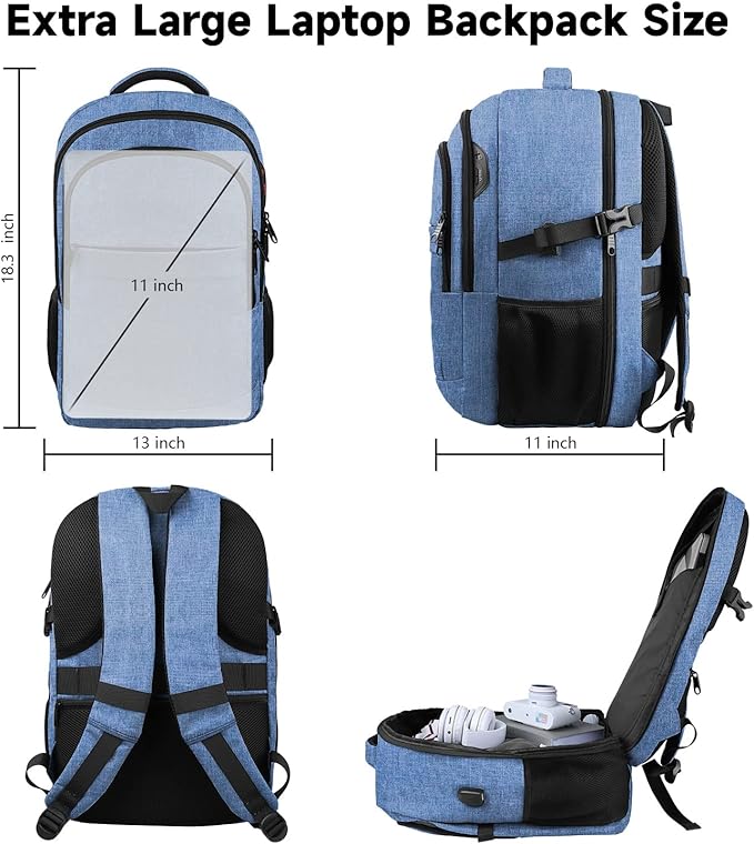 Lapsouno Extra Large Travel Backpack, TSA Laptop Backpack, 17 inch Bag with USB Port, 40L Carry on College School Computer Bag for Men Women, Blue