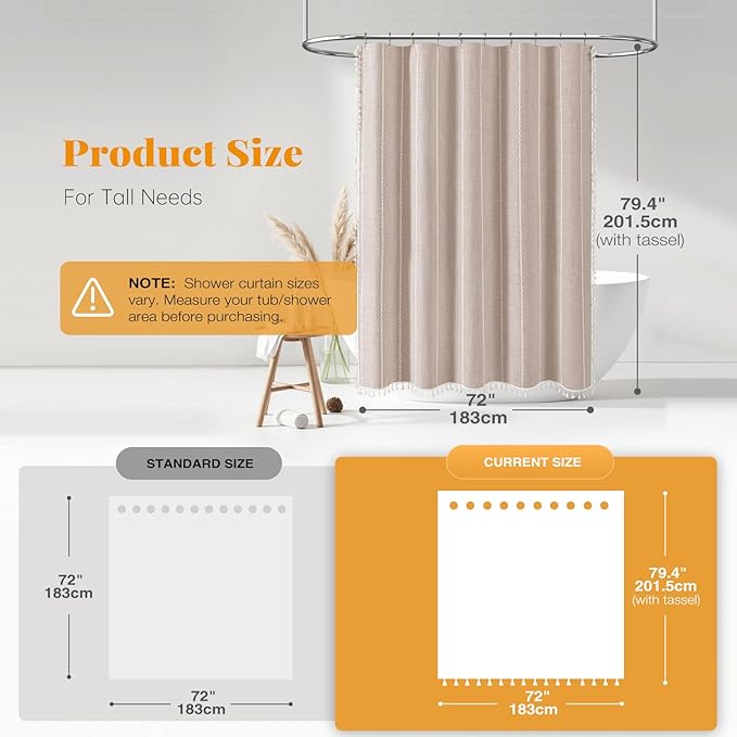 BTTN 78 Inch Long Shower Curtain, Boho Farmhouse Linen Ultra Thick Striped Fabric Shower Curtain Set with Plastic Hooks, Tall Rustic Country Luxury Cloth Shower Curtains for Bathroom, Tan/Taupe, 72x78