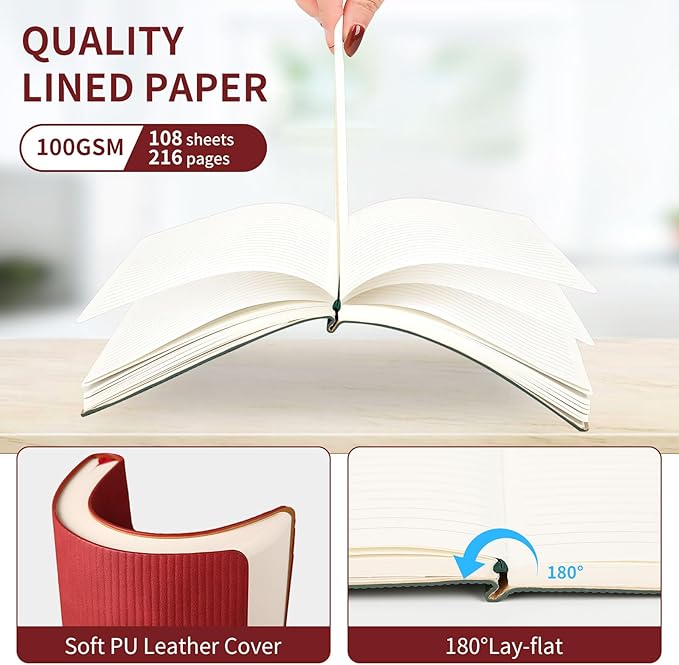 A5 Lined Notebook with Pen & Gift Box 216 Pages PU Leather Journals for Women Men 100GSM Thick Paper College Ruled Notebook for School,Travel,Business,Work,Home Writing (A5 Lined 216pages, Red - Gift Box Set)