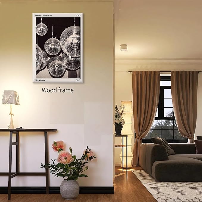 70s Disco Ball Newspaper Wall Art Vintage Black and White Art Posters 12x16 inch Framed Funky Aesthetic Canvas Prints Retro Bar Cart Decor for Bar Bedroom