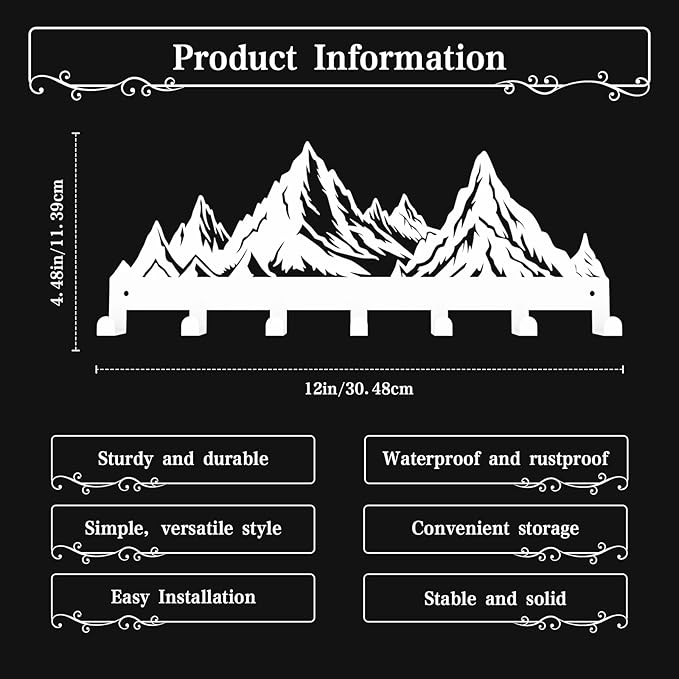 Key Holder Wall Mounted Key Hooks, White Metal Key Rack Hooks, Mountain Theme Wall Decoration Hooks, with 7 Hooks, Applicable to Front Doors, Lobby,Corridor, Offices (12 ")