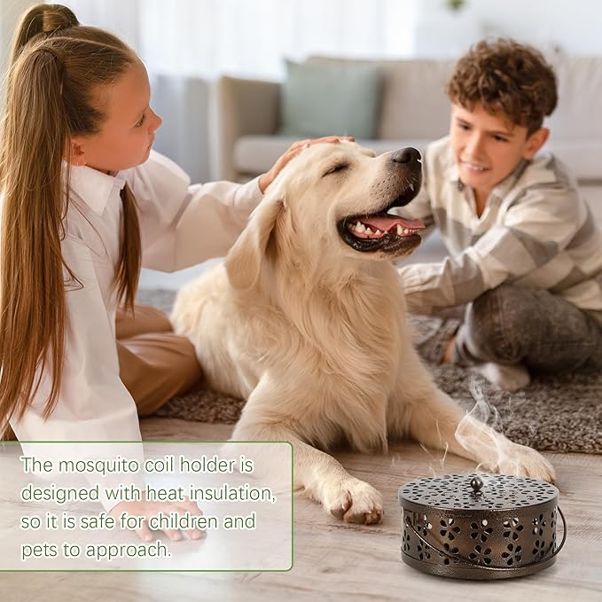 Portable Iron Mosquito Coil Holder with Handle Round Heat-Resistant Incense Holder (Bronze)