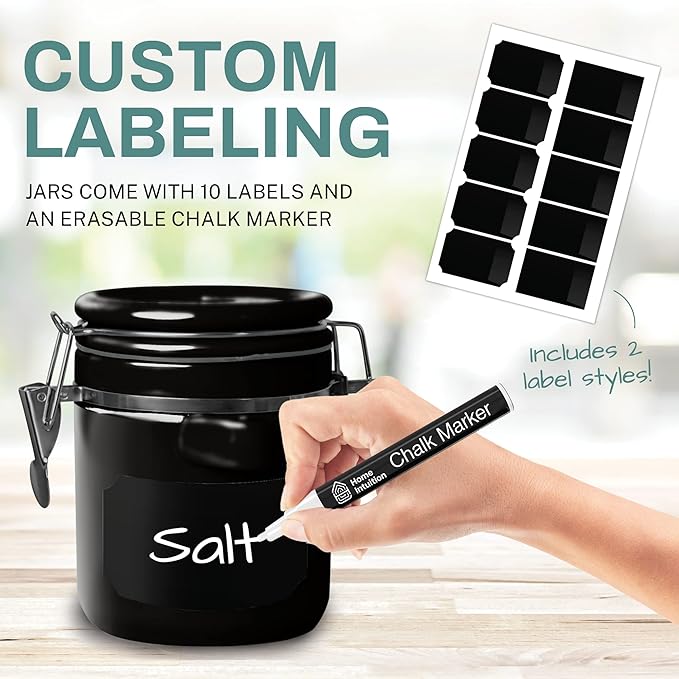 Home Intuition 4-Piece Ceramic Kitchen Canisters Set, Airtight Containers with Wooden Spoons Reusable Chalk Labels and Marker for Sugar, Coffee, Flour, Tea (Black)