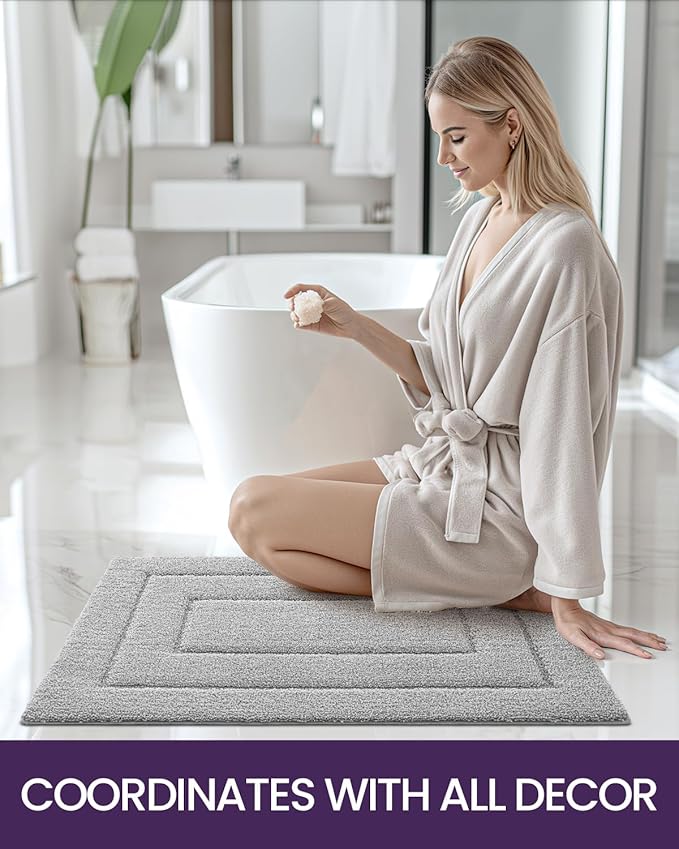 DEXI Bathroom Rug 36x24, Non Slip Washable Bath Mat for Shower Floor, Absorbent Soft Bathmat with Rubber Backing, Quick Dry Microfiber Carpet, Light Grey