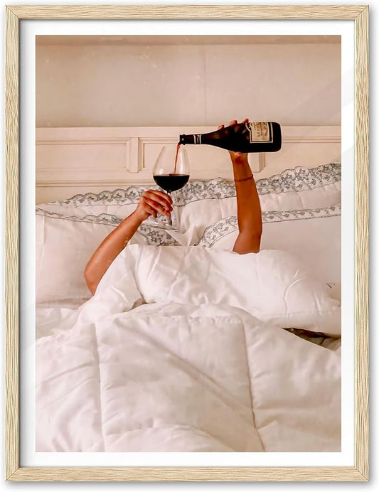 EcoHest Woman Drinking Wine in Bed Framed Wall Art, 12x16 in OAK Wood Feminist Alcohol Canvas Art, Trendy Teen Girl Bar Cart Print College Room Decor, Beige Logs Set of 1 For Bedroom Living Room