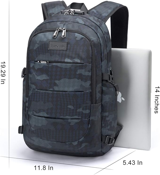 Tzowla Business Laptop Backpack Water Resistant Anti-Theft Backpack with USB Charging Port and Lock 15.6 Inch Computer Backpacks for Women Men, Casual Hiking Travel Daypack (Navy Blue Camo)