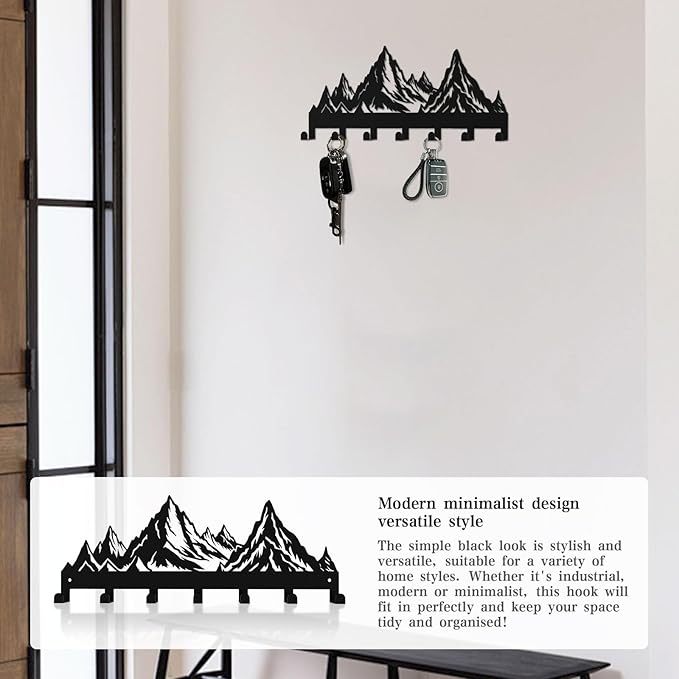 Key Holder Wall Mounted Key Hooks, Black Metal Key Rack Hooks, Mountain Theme Wall Decoration Hooks, with 7 Hooks, Applicable to Front Doors, Lobby,Corridor, Offices (12 ")