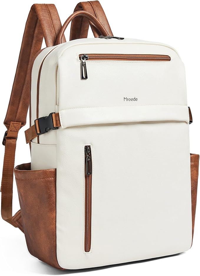 Leather Laptop Backpack for Women, 15.6 Inch Laptop Travel Backpack Purse Large Capacity Computer Bag, Casual Daypack Nurse Bag College Bookbag for School, Beige