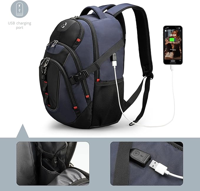 Swissdigital Design Laptop Backpack with USB Charging Port, Travel Backpack Fits 15.6 inches Computer, 31L College School Backpack for Men, Blue/Black | SD803