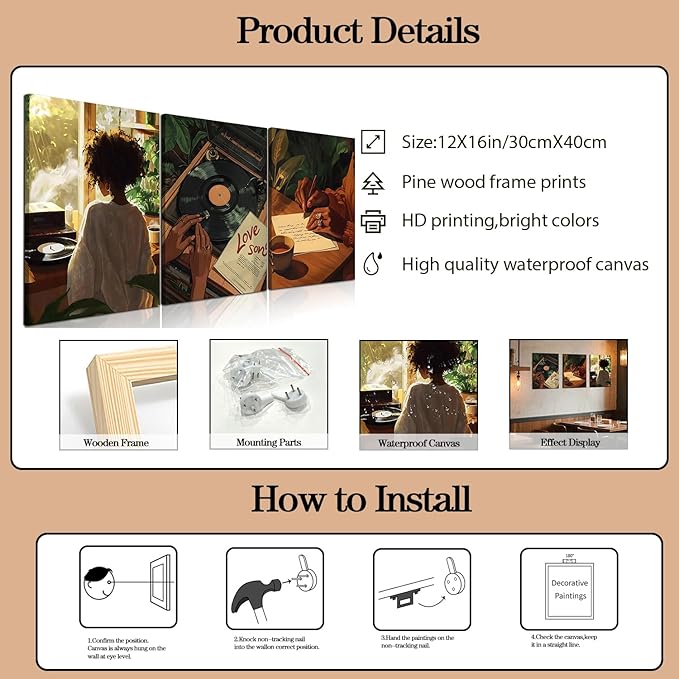 Black Woman Wall Art Set of 3 Fashion Black Girl Wall Decor, Trendy African American Women Music Poster Song Lover Canvas Prints Artwork for Bedroom Living Room 12x16 inch Framed