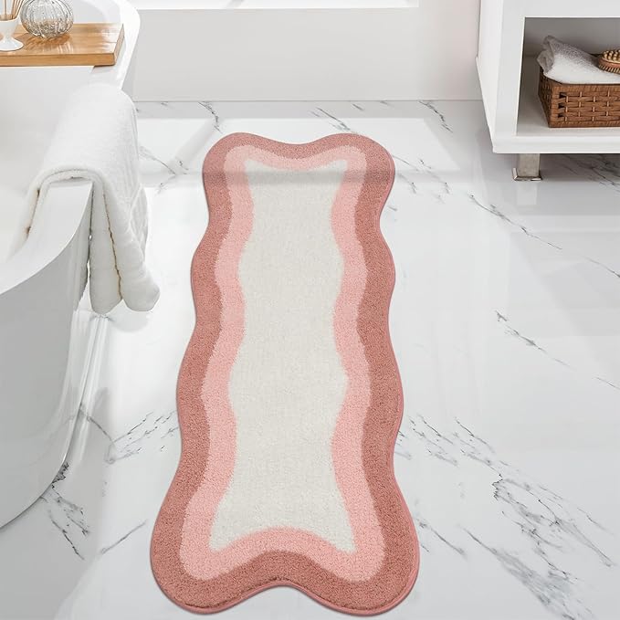 HAOCOO Bathroom Runner Rugs 18x47 inch, Non-Slip Long Rug Cute Bath Mat, Soft Luxury Shower Mat Microfiber Machine Washable Pink Floor Carpet for Sink Tub (washable rug)