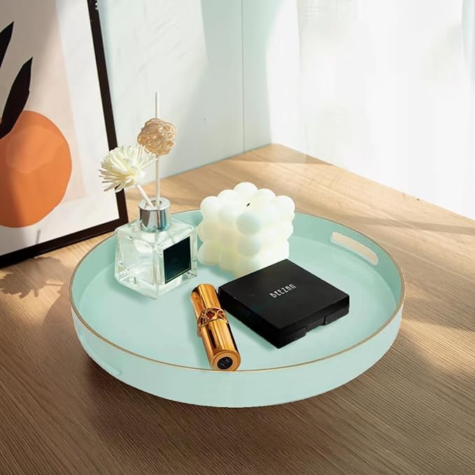 Mint Green Round Serving Tray with Handles,13" Decorative Ottoman Coffee Table for Perfume,Living Room,Home Decor
