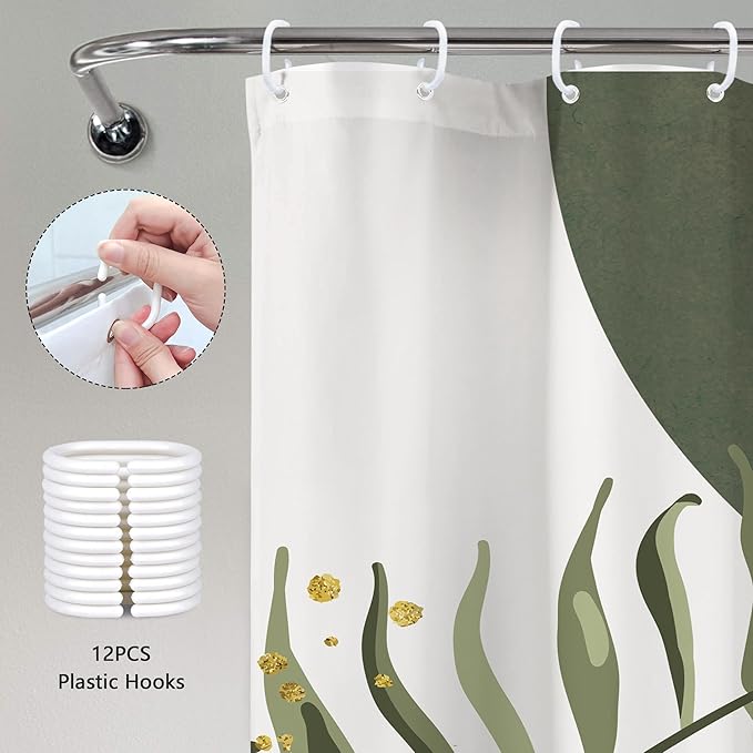 Pink Green Boho Shower Curtain 72Wx84H Extra Long Bohemian Mid Century Modern Abstract Sage Green Gold Leaves Plant Minimalist Bathroom Decor Arch Bath Curtain Fabric Polyester 12 Pack Hooks