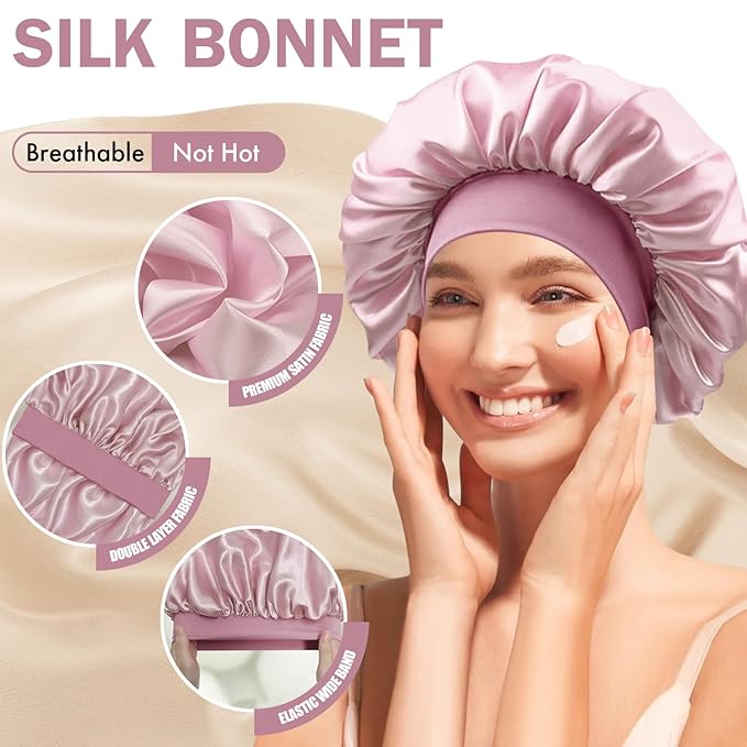 Satin Silk Bonnet for Sleeping, Double Layer Silk Sleep Cap for Men & Women, Soft Satin Lined Bonnet for Natural & Curly Hair(BeanPaste Pink)