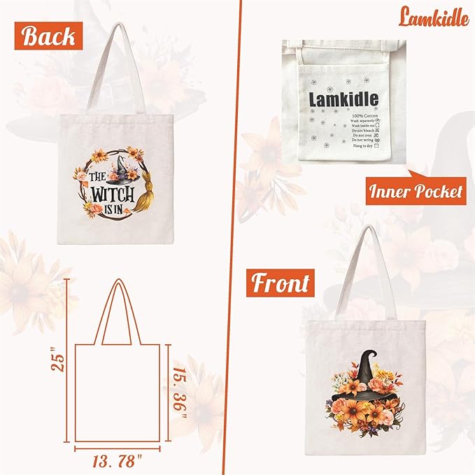 Halloween Tote Bag Retro Halloween Canvas Bag Witch Hat Cotton Canvas Tote Bag for Women Gift Holiday Reusable Grocery Bag Shoulder Bag