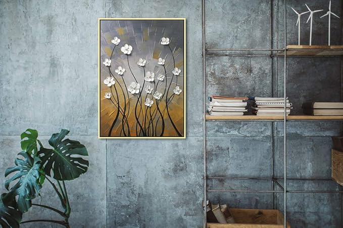 Wieco Art Framed Wall Art Morning Dancing Floral Oil Paintings Canvas Wall Art Modern Grace Abstract Flowers Artwork for Living Room Bedroom Home Decorations Wall Decor with Golden Frame