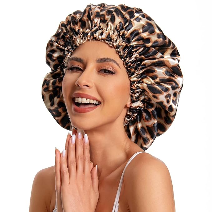 Satin Bonnet Silk Bonnet Hair Bonnet for Sleeping-Slouchy Beanie Hat Satin Sleep Cap for Women's Natural & Curly Hair(Leopard)